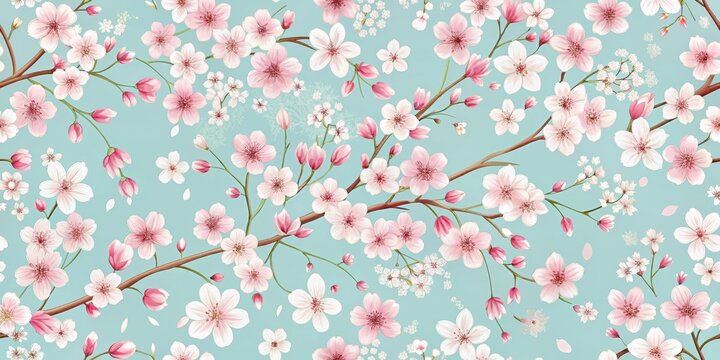 Delicate Watercolor Cherry Blossom Seamless Pattern on Aqua Blue Background, Cherry Blossoms, Floral Pattern, Spring Flower ,