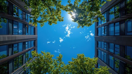A stunning view of modern buildings with reflective glass windows framed by lush green tree crowns against a vibrant blue sky with a shining sun