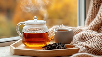 A steaming cup of tea sits on a tray with loose-leaf tea leaves beside it. A transparent teapot releases steam, framed by a warm blanket and autumn foliage outside