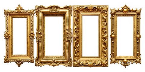Four Ornate Golden Picture Frames, Isolated on White Background, Golden, Frames, Ornate