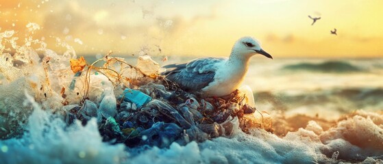 Design a close-up wallpaper of a sea bird entangled in plastic waste on the beach, promoting the devastating impact of ocean trash on wildlife. 