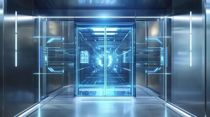 A futuristic elevator with a glowing blue interface, conveying advanced technology and sleek design.