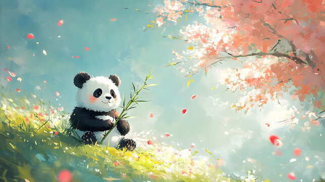Kawaii Panda with Bamboo Under Cherry Blossoms