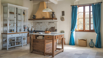 Cozy home kitchen interior with island and cooking cabinet, window. Empty wall interior design