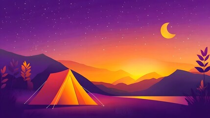 Minimalist vector art of the setting sun and moon, simple shapes, simple lines, low detail, low resolution, purple-pink-orange gradient background with tents in the foreground