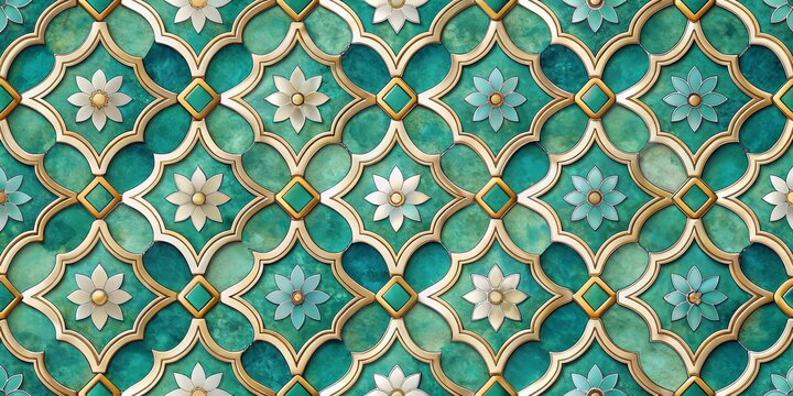 Fototapeta Intricate Golden Floral Pattern on Turquoise Background, Islamic Art, Mughal Architecture, Tile Design