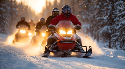 Friends Enjoying Snowmobiles in a Winter Wonderland