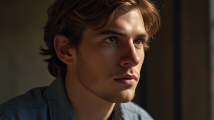Young man with brown hair and green eyes looking thoughtfully into the distance.
