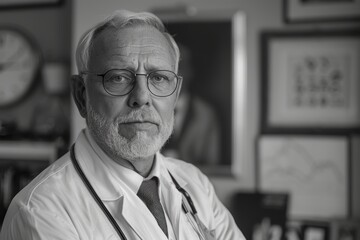A black and white portrait of an elderly male doctor with glasses and a stethoscope in a medical office filled with framed pictures and a clock in the background