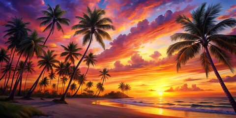 Palm Trees Silhouette Against Sunset Sky, Digital Painting, Coastal Scene, Tropical Paradise, Beach, Sunset, Palms