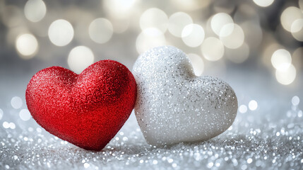 Fototapeta premium Close-up of red and white hearts shining on a glittery background, with bokeh lights creating a romantic atmosphere