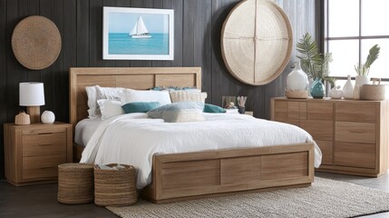 Obraz premium A beautifully designed Naples-style bedroom showcases coastal accents, wicker baskets, and a stunning view of the sea through large windows, creating a tranquil atmosphere