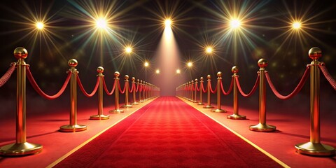 Red Carpet Entrance with Golden Stanchions and Spotlight, red carpet , stanchions, spotlight