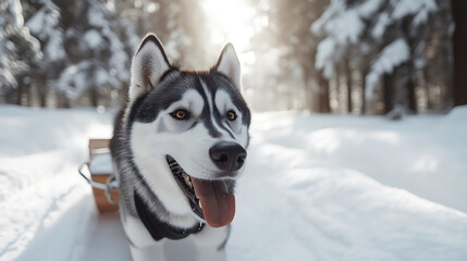 Fototapeta premium Siberian Husky Pulling Sled Through Snowy Landscape