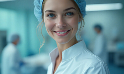 Fototapeta premium A woman in a white lab coat smiles at the camera