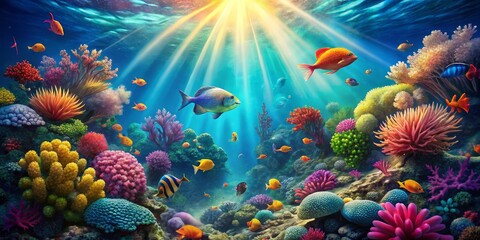 Sunlight Dappling Through Vibrant Coral Reef, Digital Art, Underwater Scene, Fish, Coral, Reef, Ocean