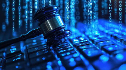 Judge's gavel on digital background , concept of cyber justice, cyber security