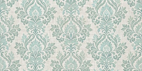 Vintage Floral Damask Pattern Seamless Repeat on Linen Texture, Green, Beige, Ornamental, Wallpaper, Fabric, Background