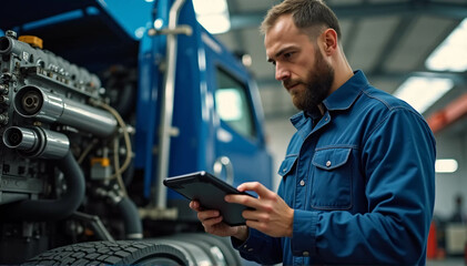 In a garage, a mechanic using a tablet computer diagnoses an industrial truck's diesel engine. Concept of auto repair in the auto industry 
