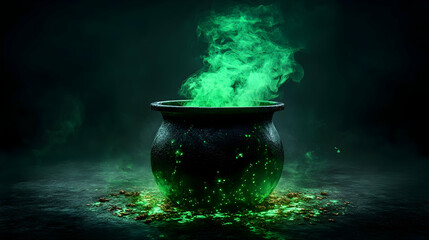 A Black Cauldron with Green Smoke Rising Upward, Surrounded by Glowing Green Particles