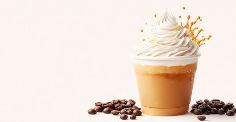 Delicious iced coffee topped with whipped cream, surrounded by coffee beans against a white background.