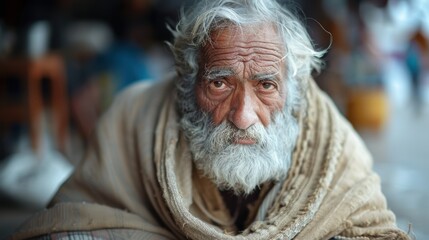 An elderly man with a long white beard wrapped in a blanket, captured in a poignant urban scene that reveals the intersecting moments of life and human resilience