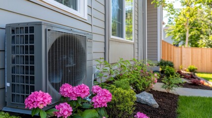 Fototapeta premium Outdoor air conditioner unit in residential backyard with flowers and landscaping