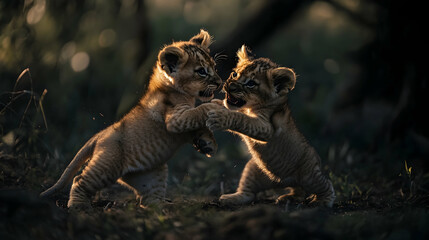 Two Lion Cubs Playfully Sparring, Displaying Their Innocent Curiosity and Natural Instincts in the Wilderness. Generative AI