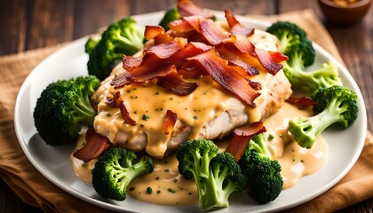Baked chicken, broccoli with creamy cheese sauce and bacon
