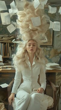 Woman with elaborate hair is sitting with a neutral expression as papers fly around her; unfazed by the chaos. Vertical poster; female culture and intellect; brilliant ideas and inspiration