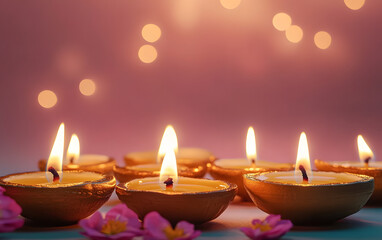 Happy Diwali Diya lamps lit during Diwali, Hindu festival of lights celebration. Diwali diya oil lamps holiday background. Creating a festive and decorative composition