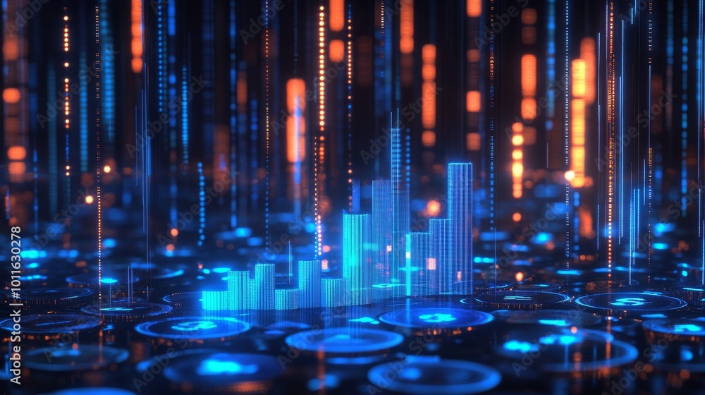 Poster a futuristic digital environment featuring glowing blue and orange data bars, representing technolog