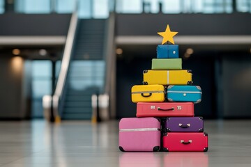 Obraz premium Colorful Luggage Pyramid with Star at Modern Airport: Travel and Adventure Concept