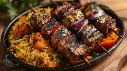 Grilled meat skewers served on a hot plate with colorful vegetables and rice.