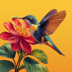 Fototapeta premium Vibrant Hummingbird Sipping Nectar from Flower