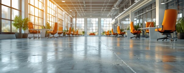 Bright and spacious modern office space with large windows, natural sunlight, and orange ergonomic office chairs lined up in a row with empty desks