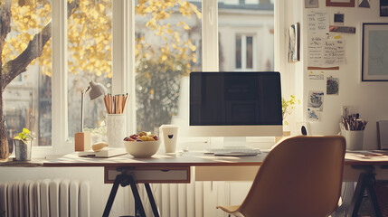 A cozy home office with a computer, desk supplies, and a bowl of snacks, illuminated by natural light from large windows.