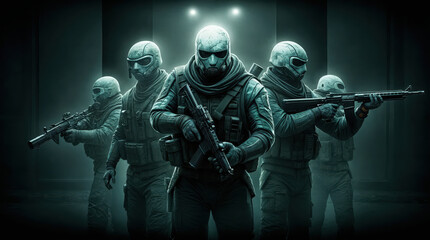 Fototapeta premium Futuristic special forces squad in eerie green lighting, armed with assault rifles, ready for covert mission, showcasing military technology and tactical gear