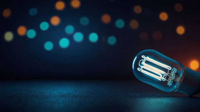 I love this idea and innovation - a fluorescent bulb on a horizontal blue background with copy space for individual text  - Powered by Adobe