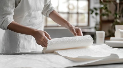 Artisan creating handmade paper, bright studio, clean background, minimal elements, copy space