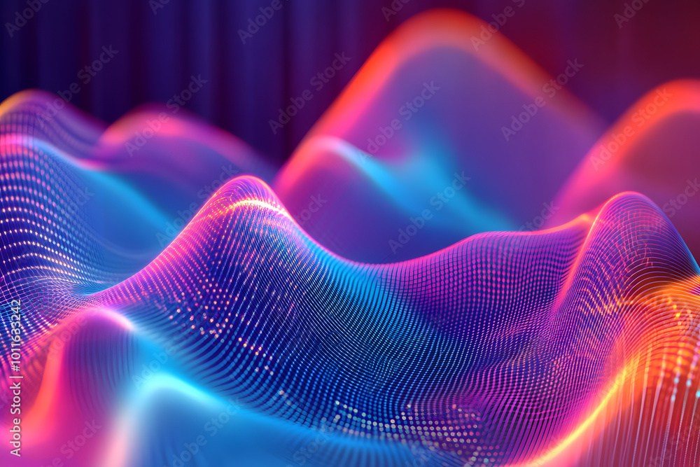 Poster big data abstract visualization: business charts analytics. 3d sound waves. digital surface with flo