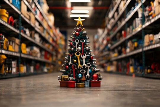 Creative Holiday Tool Tree in Warehouse Aisle – Festive and Industrial Stock Photo for Seasonal Promotions, New year banner with copy space