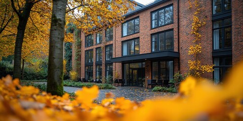A modern, brick residential building, framed by a striking autumn landscape with vibrant yellow leaves, depicting a serene and picturesque autumnal setting