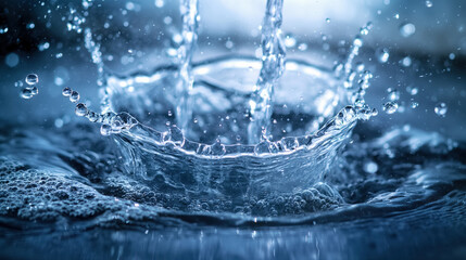 Crisp splash of water captured mid-motion, with water droplets and ripples, conveying the beauty of fluidity and movement.