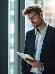 Fototapeta premium Overworked businessman in a suit is looking at a tablet. 