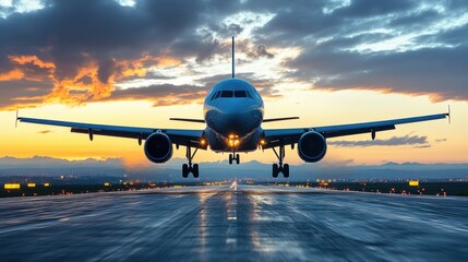 Naklejka premium A commercial airplane lands on a wet runway during an impressive sunset, showcasing the convergence of aviation and nature's stunning beauty
