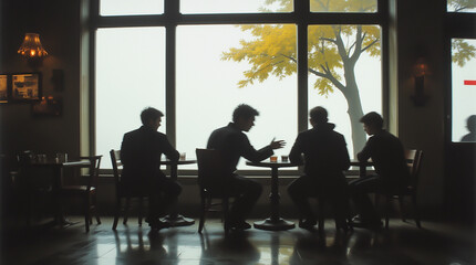 Obraz premium Silhouettes of people at a table in a cafe with an autumn landscape view