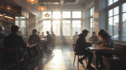 Obraz premium Interior of an urban restaurant with soft sunset light filtering through large windows