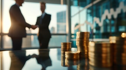 Two men shaking hands in front of a pile of gold coins.