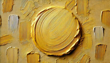 Obraz premium The center of the composition is dominated by a large textured yellow circle surrounded by rectangular brush strokes in earthy tones. The use of thick paint creates a sense of depth and dynamism. AI 